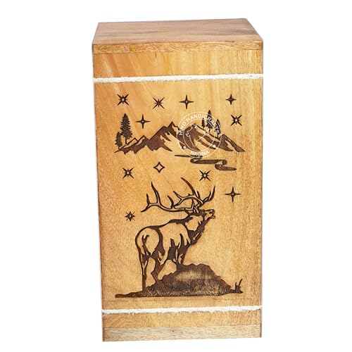 Image of Handcrafted Floral Engraved Wooden Urns for Human Ashes Adult Large - Cremation Urn for Ashes - Burial Urn for Columbarium - Funeral Urn Box (Buck Deer Mountain, 250 LB - Hardwood)