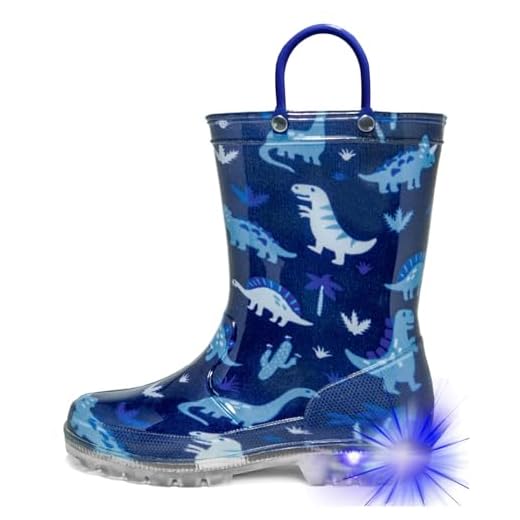 HugRain Botas De Chuva Para Meninos, Calçados De Borracha Impermeáveis Com Luzes E Estampa De Dinossauro, Leves E Adoráveis, Com Alças Fáceis De Calçar, Sola Antiderrapante, Azul, Tamanho 2
