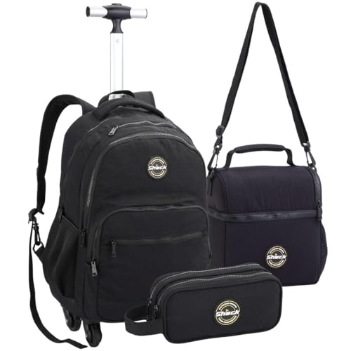Mochila Escolar com Rodinhas Masculina, Lancheira Térmica e Estojo Duplo Compartimento, Conjunto 3 Peças, Alça Telescópica 2 Níveis, Material Reforçado (Preto)