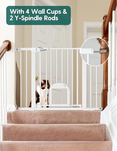Babelio 36\" Tall Upgraded Baby Gate with Cat Door, 29-43\" Auto Close Durable Dog Gate for Stairs, Doorways and House, Easy Walk Thru Safety Gate with Pet Door Includes 4 Wall Cups, White - Thumbnail 6