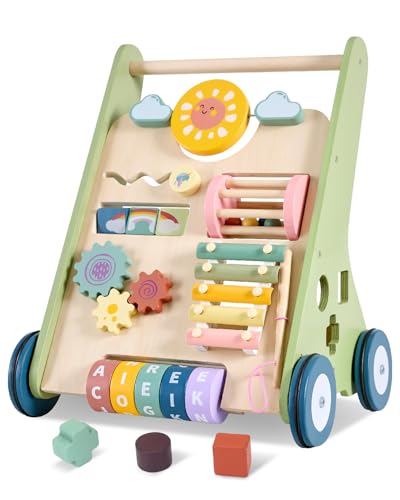 Image of Baby Push Walker, Wooden Baby Walker with Wheels, Montessori Push Walker for Babies 6-12 Months, Adjustable Speed Push Walking Toys for Boys&Girls 1 Year Old, Christmas Birthday Gifts for Toddler