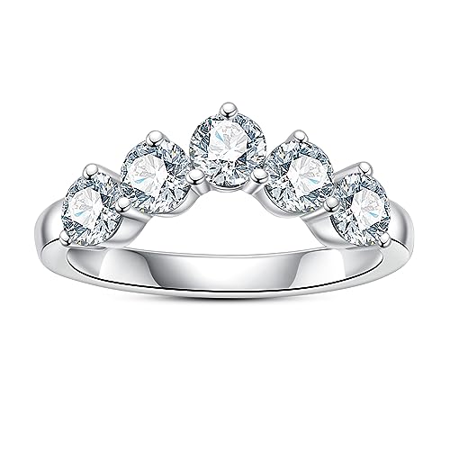 AimiIee Moissanite Wedding Band Half Eternity Ring D Color VVS1 Clarity Round Brilliant Cut 925 Sterling Silver 5-Stone Stackable Anniversary Bands for Women with Certificate Size 7