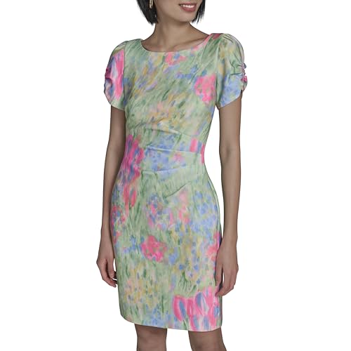 Image of KARL LAGERFELD Short Ruched Sleeve Jewel Neck Sheath Mini Dress