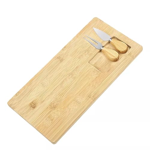 Bambu Peynir Sunum Tabağı; 3 Parça Peynir Bıçağı ve Çatalı Seti, Toplam 4 Parça, Doğal ve Bambu Peynir Tabağı, Kaliteli Sunum Seti 38x19 cm Ebatlarında