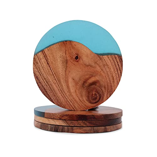 LAVAUX DESIGNS Untersetzer aus Akazienholz und Epoxidharz,4er-Set,runde Untersetzer für Getränke,10.2 cm Durchmesser,wunderschöne Untersetzer aus Kunstharz für Couchtisch, Holztisch,türkis Cover
