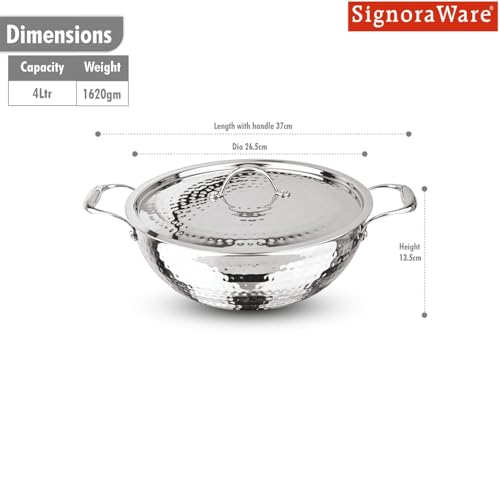 Image of Signoraware Artista Tri Ply Stainless Steel Hammered Deep Kadhai 26cm with Steel Lid | Elegant Finish | Even Heat Distribution | Ideal for Deep Frying & Daily Indian Cooking Needs (4 LTR | Steel)