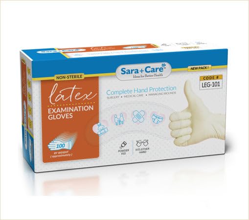 SARA + CARESARA + CARE Latex Examination Gloves- Pack Of 100 Pcs/Comfortable, Durable And Easy To Wear White Small