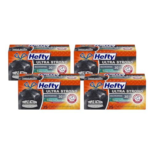 Image of Hefty Ultra Strong Multipurpose Trash Bags, Black Large Flexible with Drawstring, White Pine Breeze Scent, 30 Gallon, 25 Count Per Pack (Pack of 4)