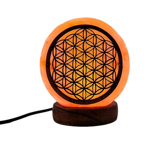 AROMASENSES | Lámpara de Sal del Himalaya USB | Hecha a Mano, Base de Madera | Lámpara Relajante para Mesita de Noche y Oficina, Luz Fija, 100% Natural | Sal Rosa del Himalaya | FLOR DE LA VIDA