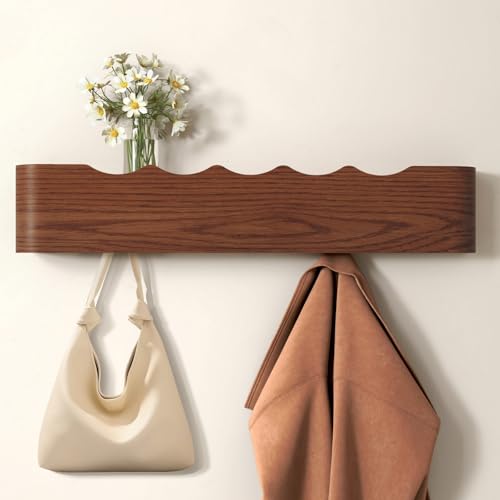 VERASCOT Wall Mounted Coat Rack with Shelf, Wooden Entryway Organizer with Hidden Metal Hooks for Hanging Coats Bags Keys, Modern Floating Shelf for Hallway Bathroom