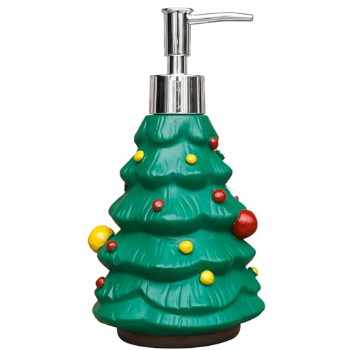 Christmas Tree Shaped Lotion Bottle - Green Resin Soap Dispenser with Festive Red Yellow Ornaments and Stars Holiday Bathroom Decor