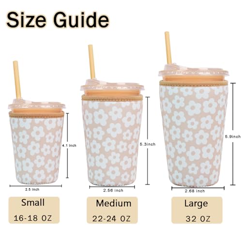 Image of Reusable Insulated Sleeve for Iced Coffee Cup, Coffee Neoprene Sleeve for Cold & Hot Drinks, Beverage Holder for Iced Coffee (Creamy Florals, Medium: 22-24oz)