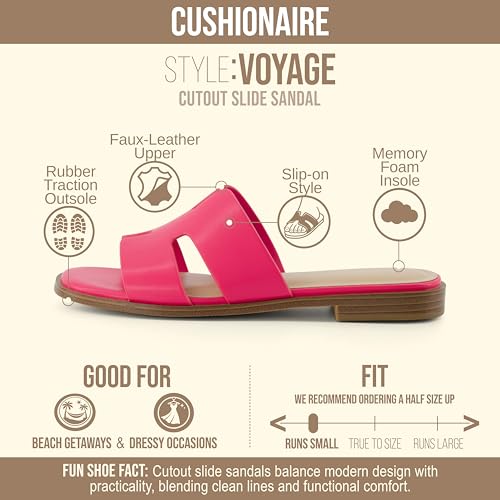 Image of CUSHIONAIRE Voyage Cutout Strap Slides for Women, Slip On Summer Flats, Trendy Footwear, Memory Foam Vegan Leather Comfortable Vacation Style Sandals