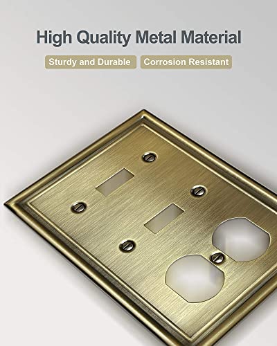 Zillsea Combination 2 Toggle And 1 Duplex Metal Wall Plate, 3-Gang Switch Plates And Outlet Covers, Decorative Antique Brass Finish, Corrosion Resistant, 2-Pack, Midsize #TOP3