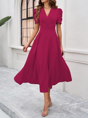 Image of Shasmi Girl's & Women's Solid Color V-Neck A-Line Maxi Dress for Women | New Year Party Outfit | Waist Cinched Puff Sleeve Western | Elegant Casual Wear (Dress 246)