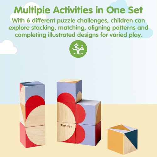Image of PlanToys Wooden Geo Pattern Cubes | Montessori Puzzle Toy for Problem Solving, Logical Thinking and Visual Skills | STEM Learning Blocks with Numbers and Patterns | Eco Friendly Educational Toy