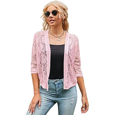 Xunger Women’s 3/4 Sleeve Lace Cardigan Casual Open Front Floral Lace Shrug Summer Cover Up, Pink, XX-Large Cover