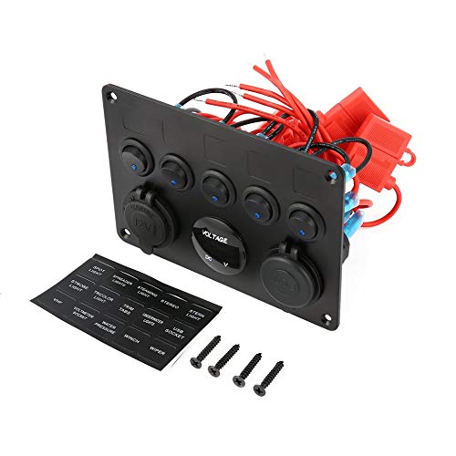 Emily 5 Gang ON-OFF Toggle Switch Control Panel with Digital Voltmeter 2 USB Charger black & blue & red blue light
