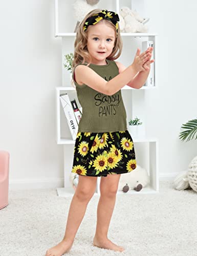 Image of Hipea Toddler Baby Girl Outfits Flower Tops Sleeveless Vest Shorts Headband Summer Clothes Set