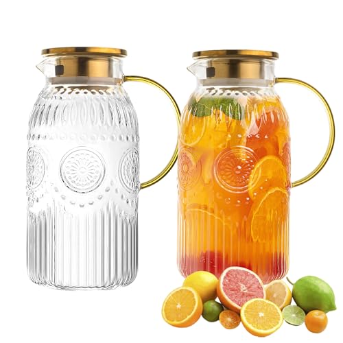 Image of Amzcku Glass Pitcher with Lid 68oz 2L Vintage Water Carafe Beverage 2Pack | Heat resistant glass, perfect for cold brew, coffee, lemonade, iced tea. Durable, stylish jug for daily use