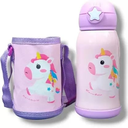 CHILDCHIC Cartoon Theme Double-Wall Insulated Stainless Steel Sipper with Sleeve Cover, Strap, Straw and Cup | Hot and Cold | Vacuum Flask| Leak Proof| 500 ml (Purple)