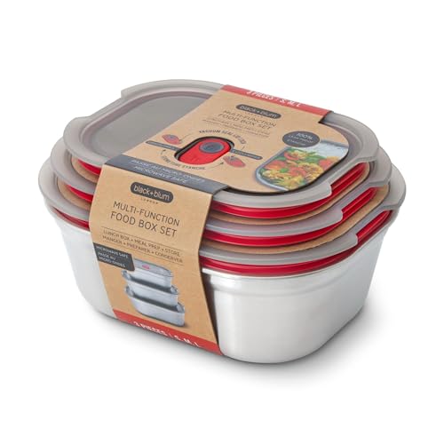 BLACK + BLUM - Lot de 3 Boîtes Repas Hermétiques - Inox Compatible Micro-Onde, Lave-Vaisselle, Four et Congélateur - Couvercle Sécurisé - S, M et L - Gris/Rouge