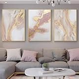 Large Pink Abstract Canvas Wall Art for Living Room-Gold Framed Abstract Oil Painting for Bedroom-3 Pieces Modern Pictures Wall Decer For Home Decor Ready to Hang 72x36 inches