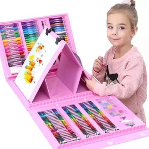 Kit de Arte e Desenho, 208 Peças, Maleta Escolar Rosa para Pintura