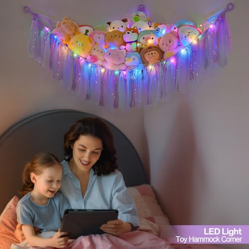 Image of FIOBEE Stuffed Animals Net LED Light Toy Hammock for Kids Bedroom Storage | Stuffed Animals Storage Organizer, Girls Room Decor, Teddy Bear Holder, Space Saving, for Kids Nursery Bedroom Playroom