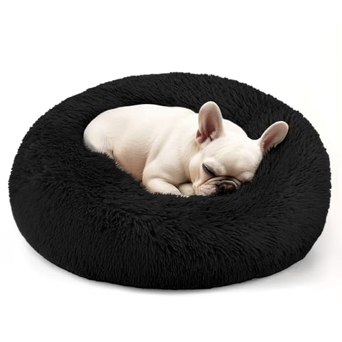 Hoewina Dog & Cat Bed 20in Cat Beds for Indoor Cats Calming Donut Bed for Puppy and Kitten Washable Round Fluffy Pet Bed for Small Medium Dogs and Cats (Black)