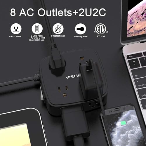 Image of 5Ft Surge Protector Power Strip - 8 Widely Outlets with 4 USB Ports, 3 Side Outlet Extender with 5 Feet Extension Cord, Flat Plug, Wall Mount, Desk USB Charging Station, ETL,Black
