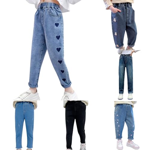 Baby Girl's Denim Pants Kids Bunny Hearts Embroidered High Waisted Straight Leg Jeans Trousers with Pockets 1-6 Years