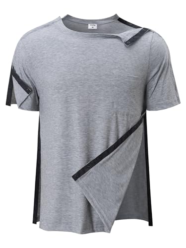 Image of Post Shoulder Surgery Shirts for Men Tear Away Recovery Short Sleeve Full Open Side Snap Chemo Adaptive Shirt