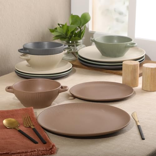 Image of Gibson Elite Clover Hill 12-Piece Stoneware Dinnerware Set - Assorted Colors in Sage Green, Charcoal, Taupe & Cream - Embossed Reactive Glaze Plates & Bowls, Microwave & Dishwasher Safe, Service for 4