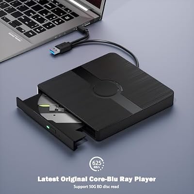 Wbacon External Blu Ray Drive, BD Player with Read/Write Capability Portable Blu-ray Player with USB 3.0 and Type-C CD/DVD Burner 3D Blu-ray Drive Compatible with Windows Laptop Desktop PC