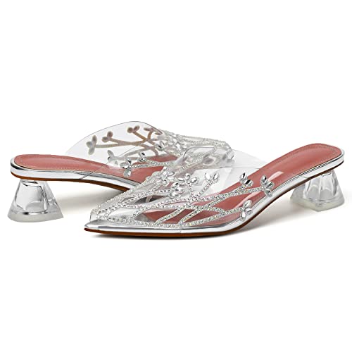 Image of AUMOTED Women's Clear Mule Sandals Pointed Toe Slingback Heels Rhinestone Heels Pumps Wedding Shoes