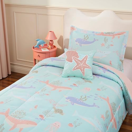 Twin Comforter Set for Girls Kids - 3 Pieces Ocean Animals Twin XL Bedding Set with 1 Comforter, 1 Decor Pillow & 1 Pillow Sham