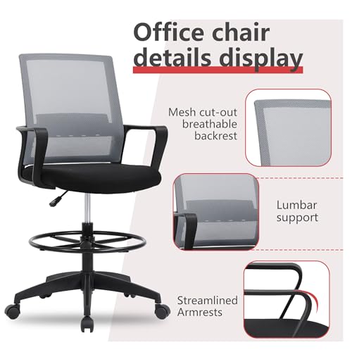 Image of BestOffice Drafting Chair Tall Office Chair Adjustable Swivel Rolling Mesh Height with Lumbar Support Arms Footrest Mid Back for Adults Standing Desk Drafting Stool (Ashy)