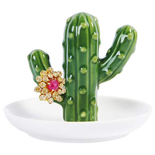AUTODECO Ceramic Ring Holder Handmade Trinket Dish for Rings Earrings Necklace Organizer Display Great Birthday for Women Green Cactus