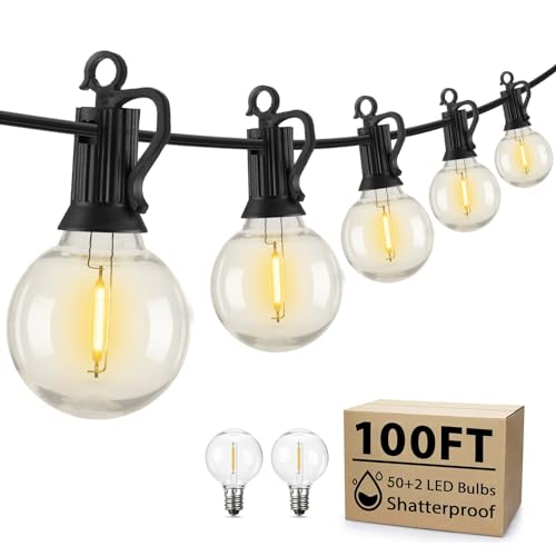 Brightown Outdoor String Lights, 100 Ft LED Patio Lights with 50 Shatterproof Bulbs, Waterproof Balcony Lights for Outside Yard Porch Bistro Pergola Wedding Cafe Market Lights