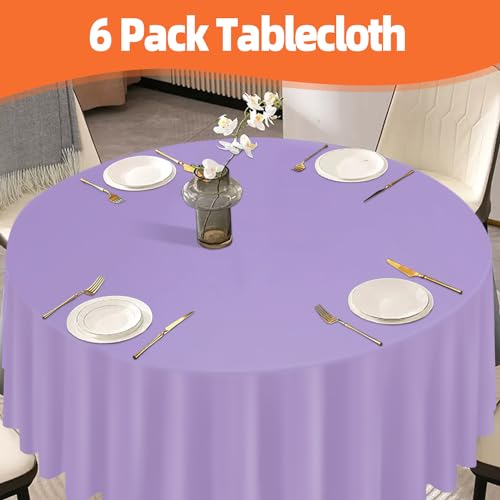 Image of tujol Lavender 6 Pack Plastic Table Cloth 84 inch, Disposable Round Tablecloth Table Cover, Plastic Tablecloths for Parties