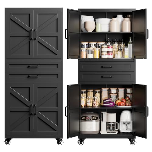 Image of Black Metal Garage Storage Cabinet Rolling Kitchen Storage Pantry Cabinet