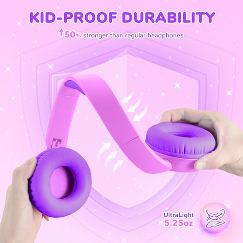 Image of iClever BTH22 Kids Bluetooth Headphones, 60H Play Time, 74 /85 dBA Safe Volume, Bluetooth 5.4, USB C, Over Ear Kids Headphones Wireless with Mic AUX Cord for iPad /Tablet /Travel /School (Magenta)