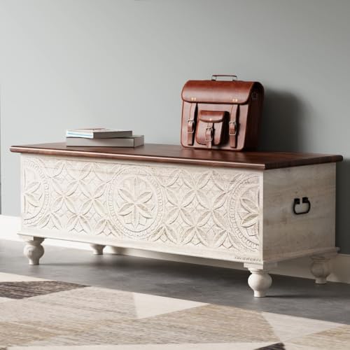 Image of Wooden Trunk Box for Storage | Solid Wood Coffee Table for Living Room | Handcrafted Center Tea Table with Sandook Storage for Living Room | Pitara for Home & Bedroom (Off White Distress)