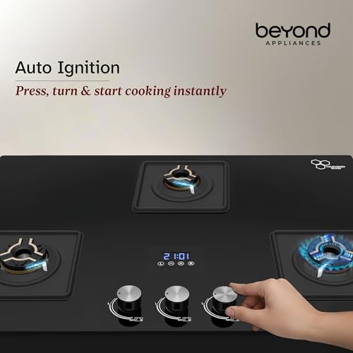Image of Beyond Appliances Solaria 3 full Brass Burner Smart Gas Stove Auto Ignition | Digital Timer | Flame Failure Device | Toughened Glass | ISI Certified | LPG & PNG Compatible Cooktop | ISI Certified