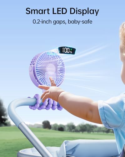 SWEETFULL Portable Stroller Fan with LED Display, 4 Speed Rechargeable Mini Clip On Fan, 360° Rotate Flexible Tripod Better Cooling Small Baby Fan for Car Seat Crib Travel Bike Treadmill (Purple)