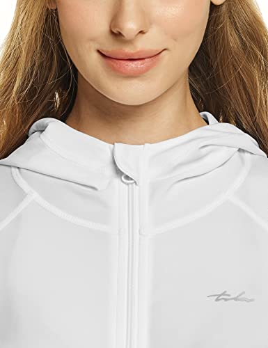 Tsla Women's Hoodie Zip Front Rash Guard, Upf 50+ Long Sleeve Swim Shirts, Uv/Spf Sunscreen Wetsuit Swimsuit Top, Sun Block Zip Hoodie White, Large #TOP5