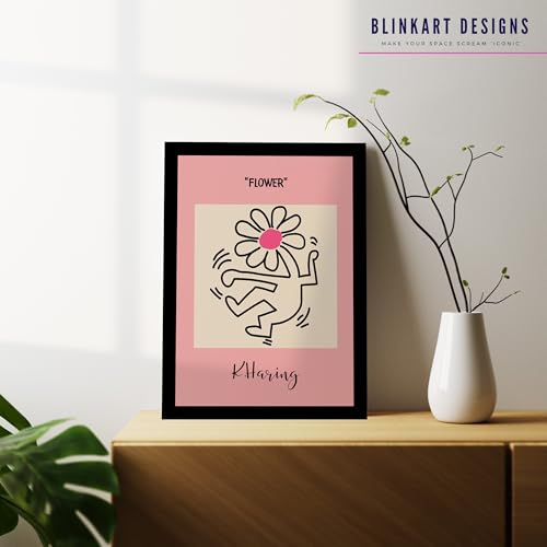 Image of BLINKART Flower by K.Haring Abstract Wall Art Painting Print Design Aesthetic Wall Decor Photo ArtWork Frame Decoration Hanging For Home Bedroom Living Room Office Wall Decor (13 * 10 inches) T0025