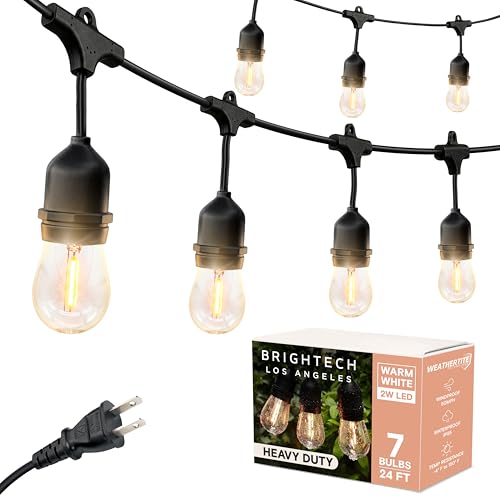 Brightech Ambience Pro - Waterproof LED Outdoor String Lights - 7 Hanging Dimmable 2W Vintage Edison Bulbs - 24 Ft Commercial Grade Patio Lights Create Cafe Ambience in Your Backyard
