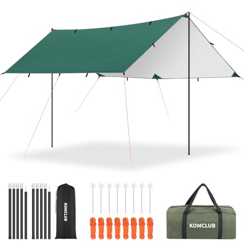 KOMCLUB Camping Tarp with Poles 16x10FT Camping Canopy Rain Fly Waterproof Tent Tarp Extra Large UV Resistant Mutifunctional Tent Footprint Lightweight Tarp for Camping, Hiking and Survival Shelter